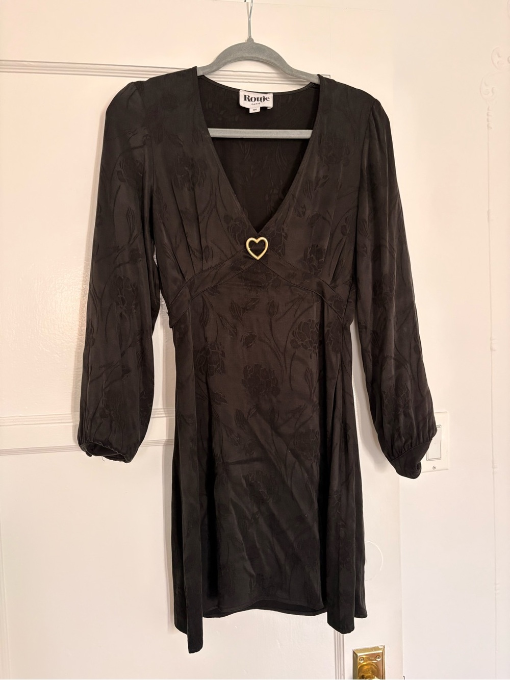 Rouje Black Floral Jacquard V-Neck Mini Dress with Gold Heart